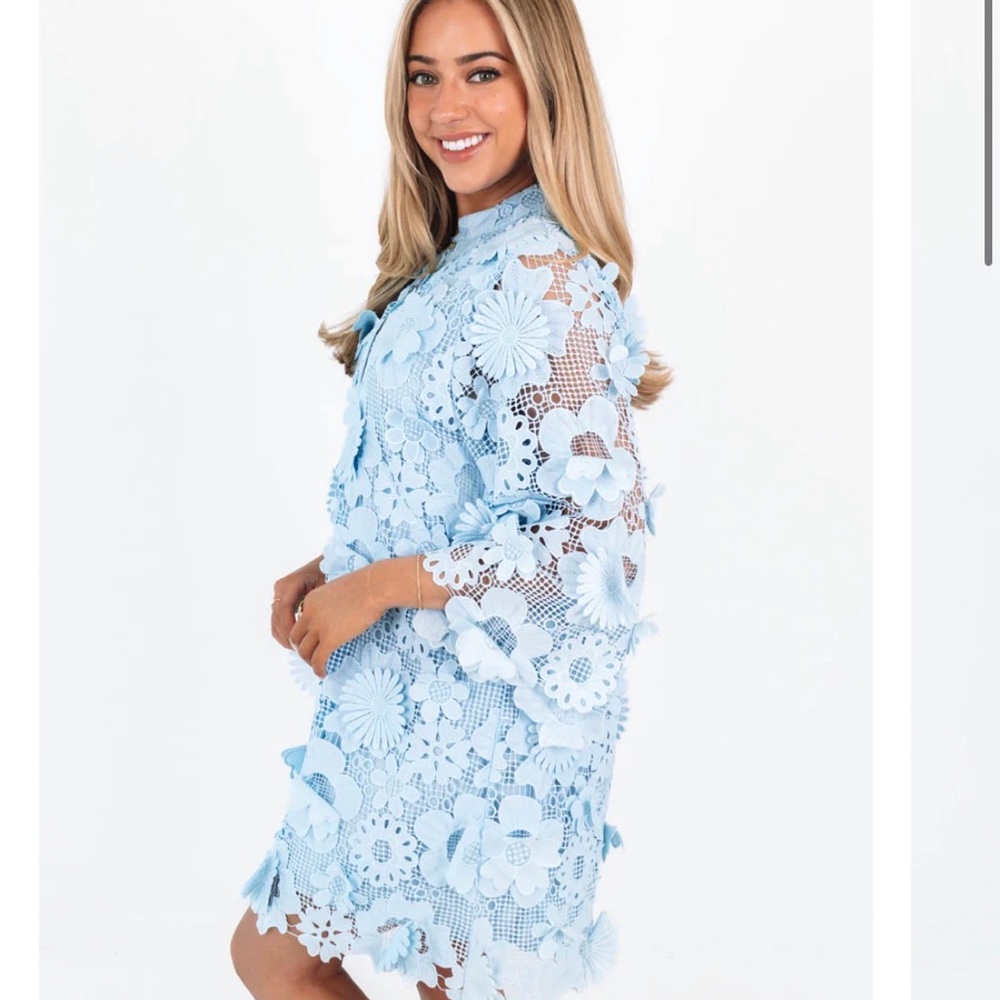 J. Marie small Floral Lace Mini Dress icy Light Blue easter spring elegant